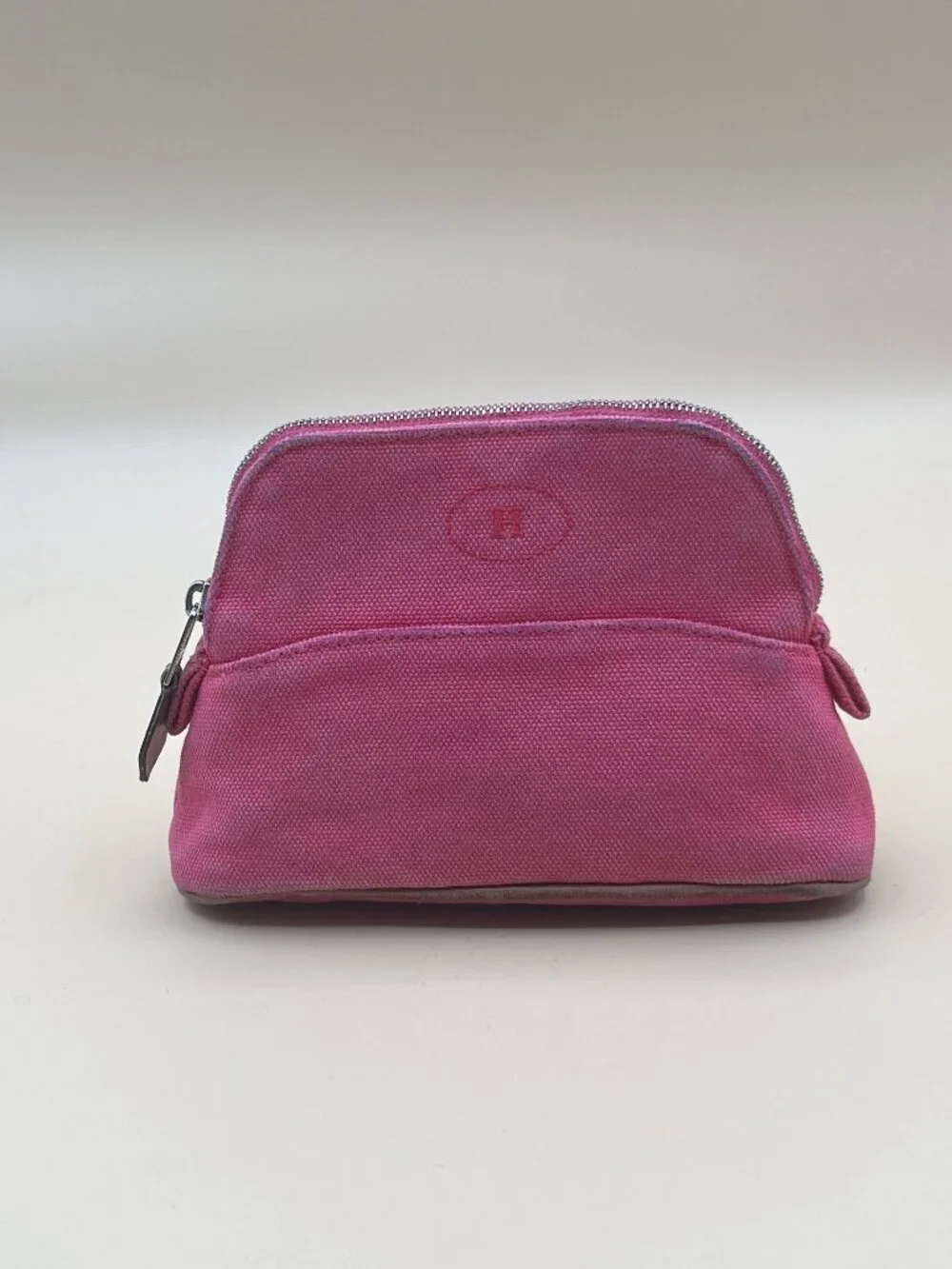 Hermes Cosmetic Pouch Pink-Red Canvas Zip Trousse Case Orange Lining Made in Fra